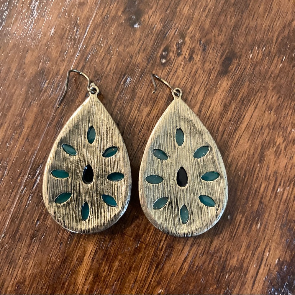 Teardrop Gold and Turquoise Drop Earrings - Picture 4 of 5